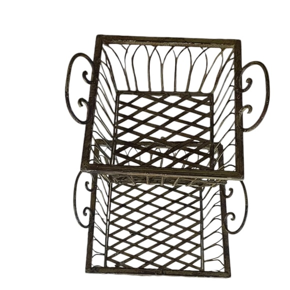 Vintage Wrought Iron Square Ornate Handles Basket Sage Green, Set Of 2 - Picture 2 of 13